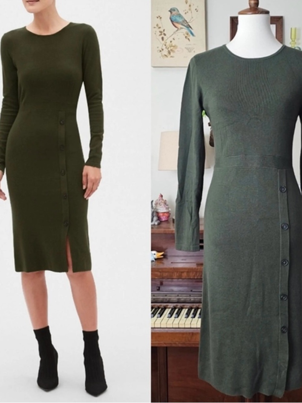 Banana Republic Olive Green Long-Sleeve Button-Trim Midi Dress
